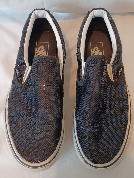 Vans Shoes - Vans Classic Slip-On Micro Sequin Skateboard Sneakers in Sparkly Black